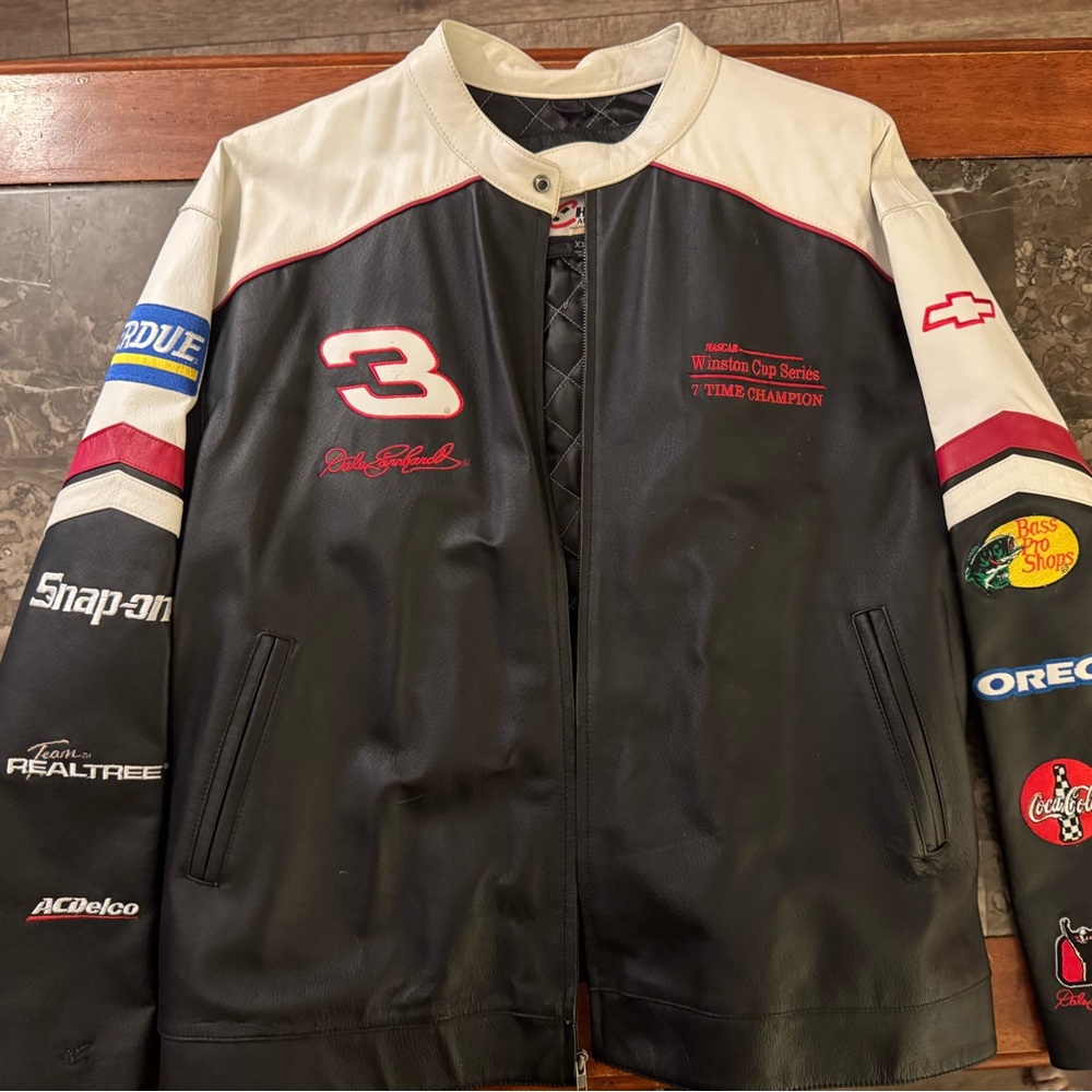 Wilsons Leather Black and White Bomber Jacket with Racing Accents